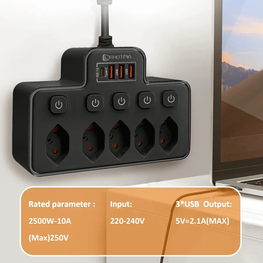 Switzerland AC Plug Independent Switch Multitap Wall Mounted Power Strip With USB Type C Ports Charging Network Filter Adapter