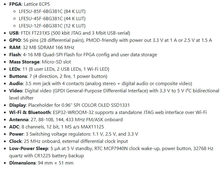 Crowdsupply ULX3S FPGA Development Board with Lattice ECP5, Open Hardware Platform with WiFi, OLED Screen and SD Card