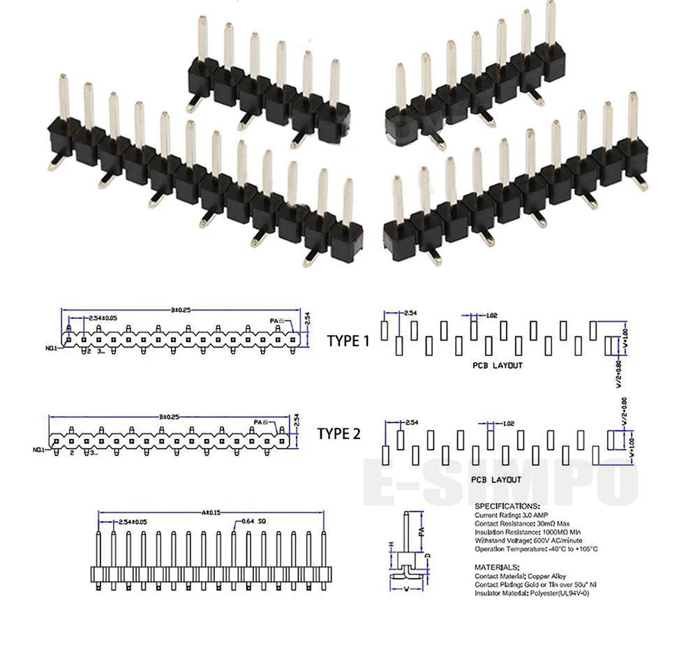 100pcs 2.54mm Single Row Breakable 1X40P Right Angle R1 R2 SMT Board Spacer Gold-plate  Male PCB Pin Header Strip Connector
