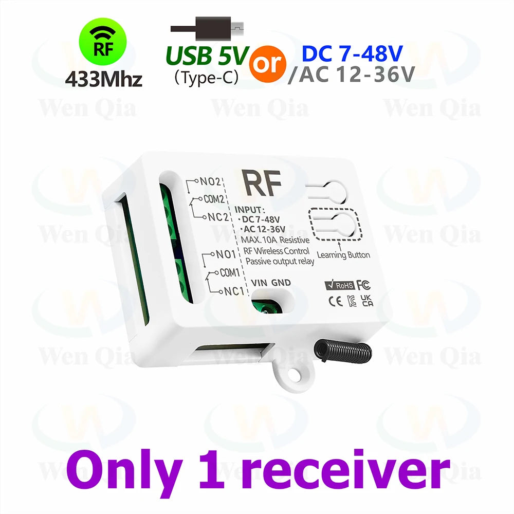 433MHz Wireless Remote Control Switch 2 CH DC 12V 24V 36V 48V Type-C 5V RF Relay Module for Light/Fan/Motor/Garage Door Opener