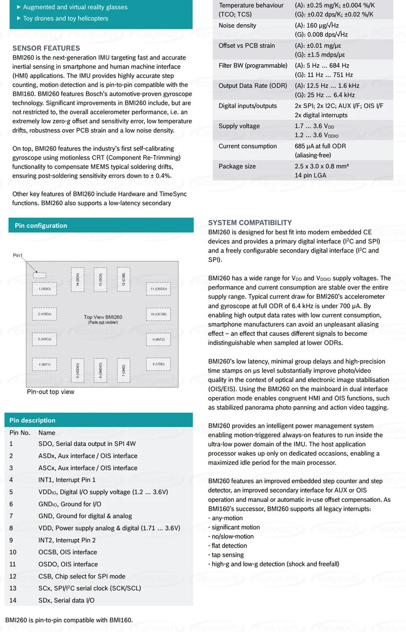 BMI260 LGA-14 3-axis acceleration 3-axis gyroscope 6-axis attitude sensor chip high-precision low-power measurement unit
