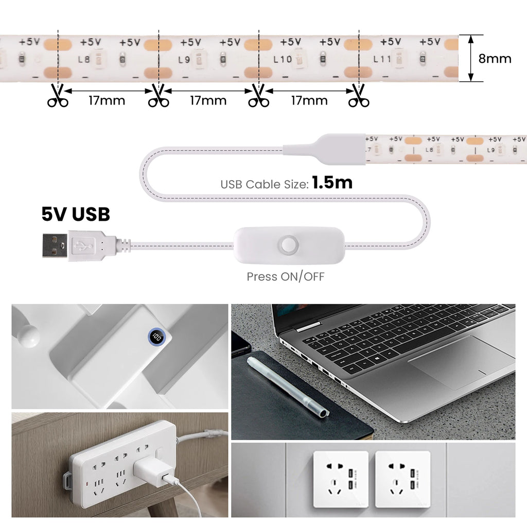 5V USB LED Strip Light with Dimmer Switch 2835 60LEDs Waterproof Flexible LED Tape with ON OFF Switch for Under Cabinet Light