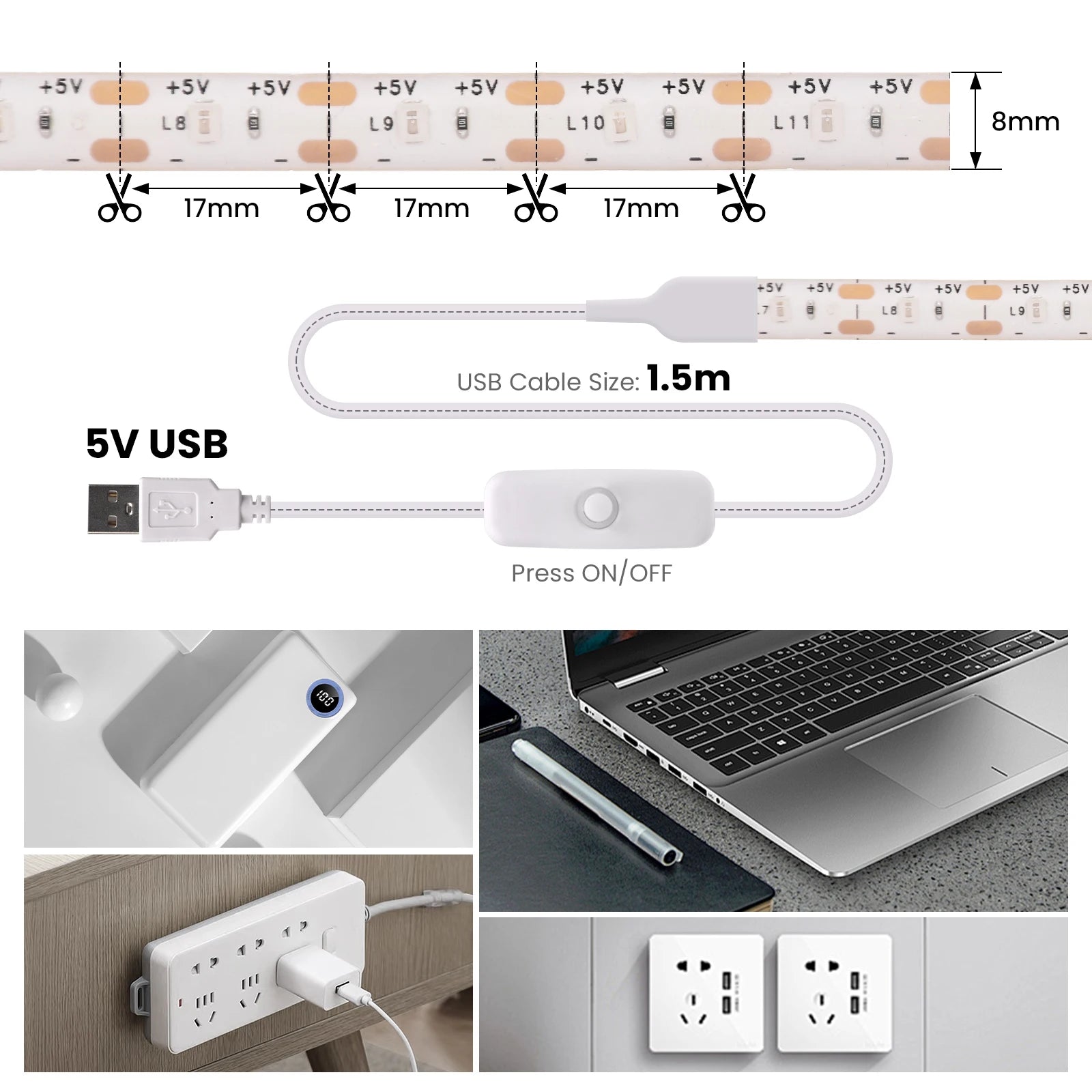5V USB LED Strip Light with Dimmer Switch 2835 60LEDs Waterproof Flexible LED Tape with ON OFF Switch for Under Cabinet Light
