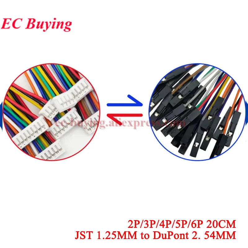 2Pcs-20Pcs JST 1.25mm to 2.54mm Dupont Cable 1Pin Female 2.54 Wire Connector Terminal 1.25 2P/3P/4P/5P/6P Length 20CM Electronic