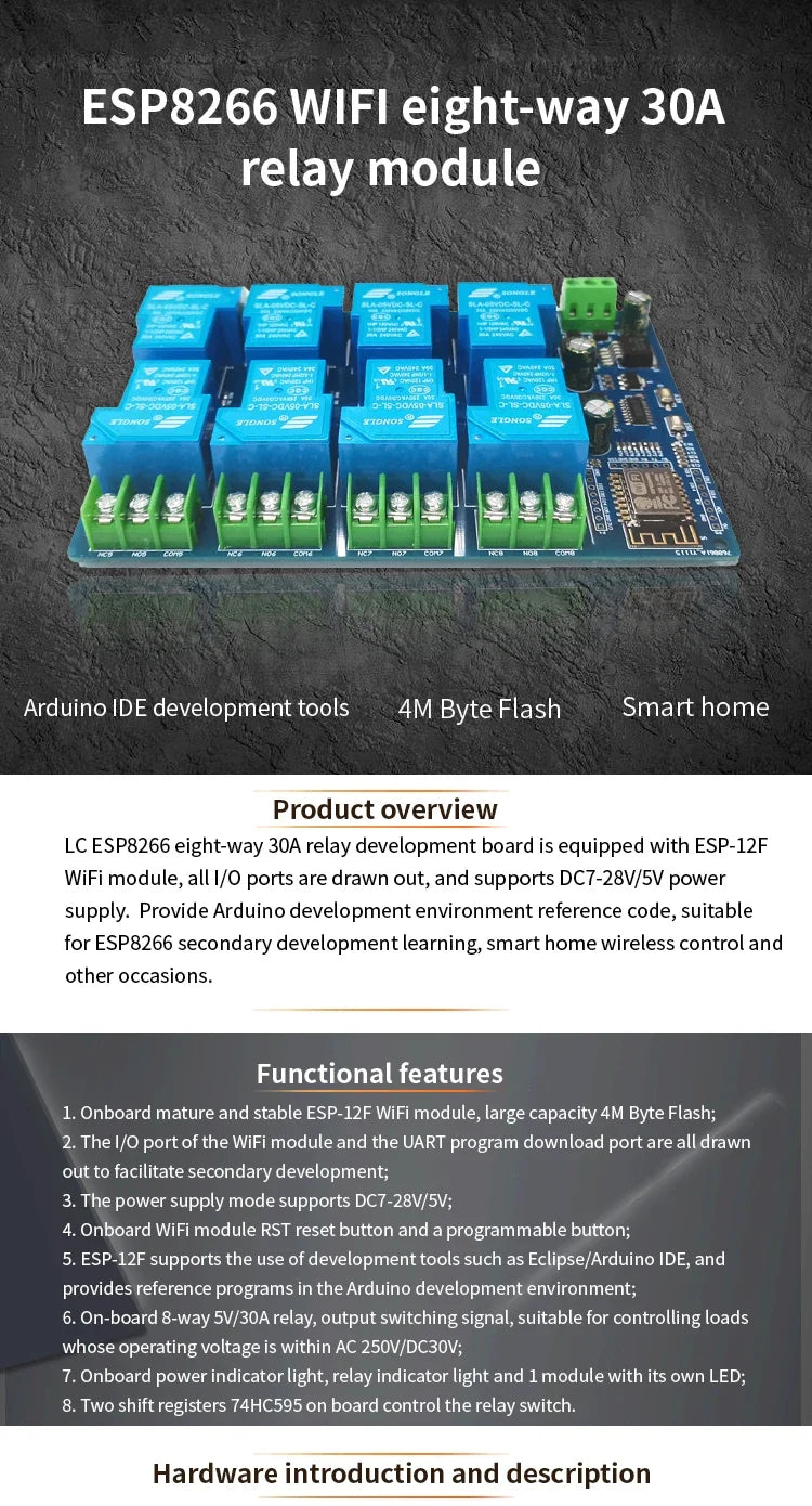 DC5V/7-28V Power Supply ESP8266 30A 8 Way WiFi Relay Module ESP-12F 8 Channel Development Board