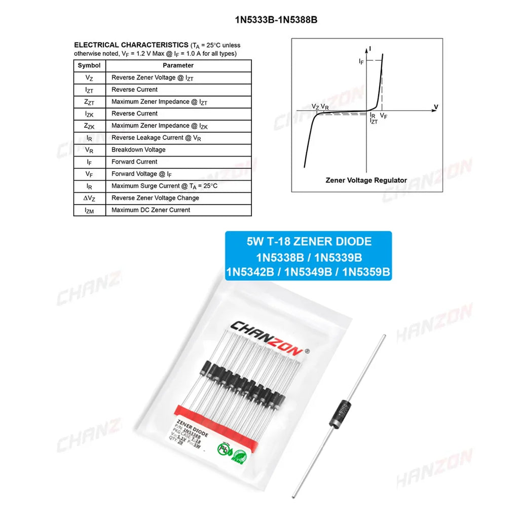 20pcs/Pack 1N5338B 1N5339B 1N5342B 1N5349B 1N5359B Power Zener Diode 5W 5.1V 5.6V 6.8V 12V 24V T-18 CASE17-02 Axial 5 W Watt