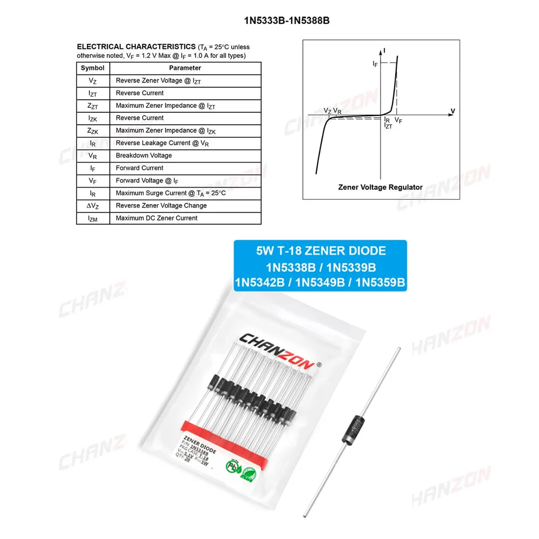 20pcs/Pack 1N5338B 1N5339B 1N5342B 1N5349B 1N5359B Power Zener Diode 5W 5.1V 5.6V 6.8V 12V 24V T-18 CASE17-02 Axial 5 W Watt