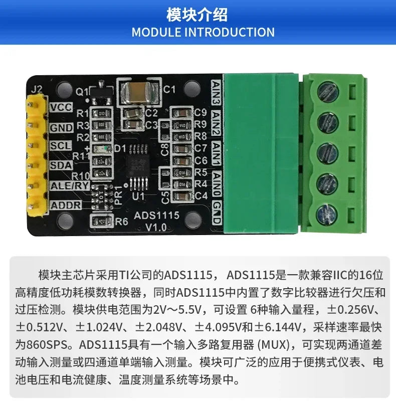 ADS1115 16-Bit 4-Channel I2C ADC Module, High Precision for Sensor Voltage Measurement