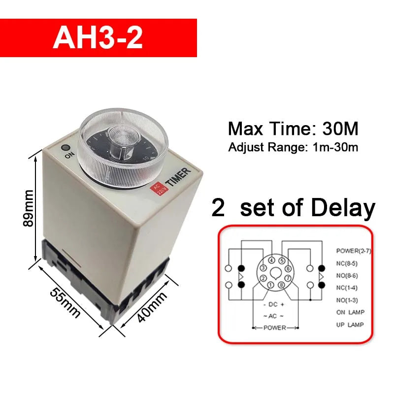 1 PC AH3-2 Time Relay AC/DC Universal Thick Stitch Power-on Delay Timer AH3-3 Time Set Range 0.1S-60m with Base DC12V24V AC220V