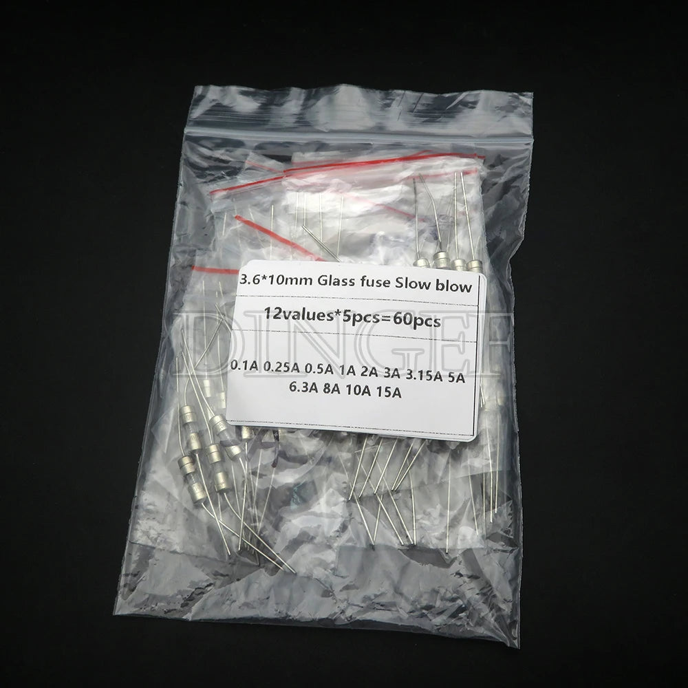 12values*5pcs=60pcs 3.6*10mm Glass fuse Slow blow 250V 3.6x10 0.1A 0.25A 0.5A 1A 2A 3A 3.15A 5A 6.3A 8A 10A 15A