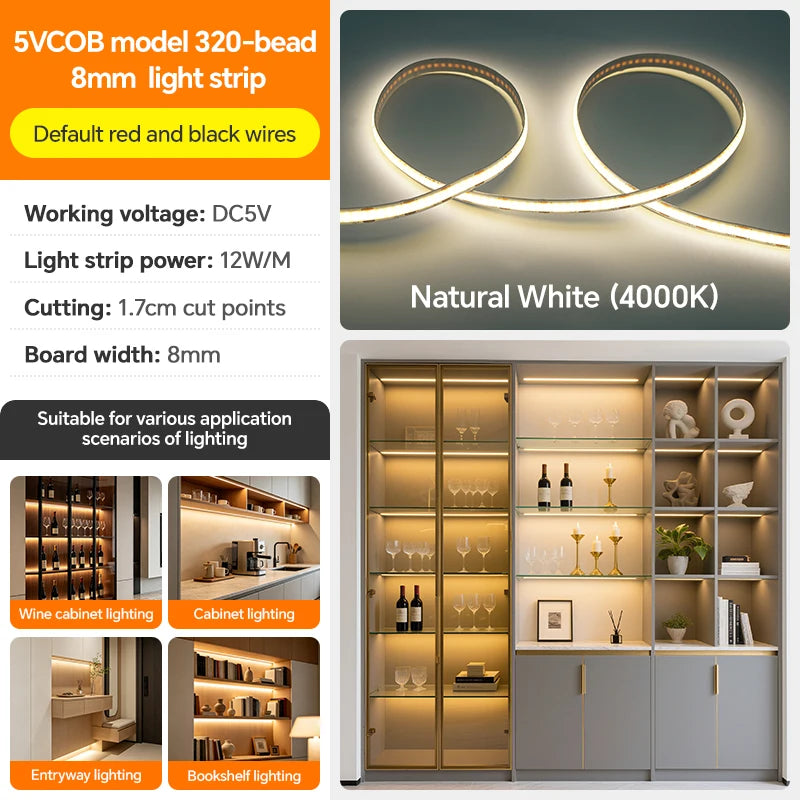 DC5V USB COB LED Strip Light 320LED/m High Density Flexible Self‑Adhesive LED Tape 3000K‑6500K For Cabinet TV Backdrop Decor