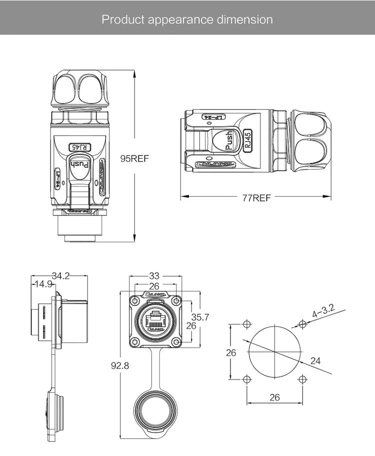 CNLINKO M24 Waterproof IP68 RJ45 Female Panel Mount Connector Cat6 8P8C Zinc Alloy with Protective Cap for Industrial Ethernet