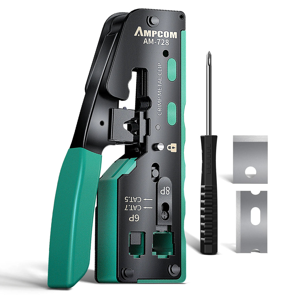 AMPCOM rj45 Crimper CAT7 Crimping Tool for Pass Through RJ11 RJ 45 Connector CAT6 CAT5E Modular Plugs With Wire Stripper Cutter