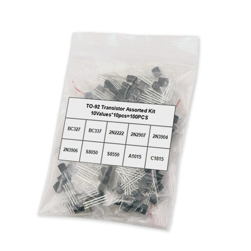 100Pcs Transistor Assorted KIT TO-92 2N2222 2N2907 2N3904 2N3906 S8050 S8550 A1015 C1815 BC337 BC327 10Value NPN PNP Transistor