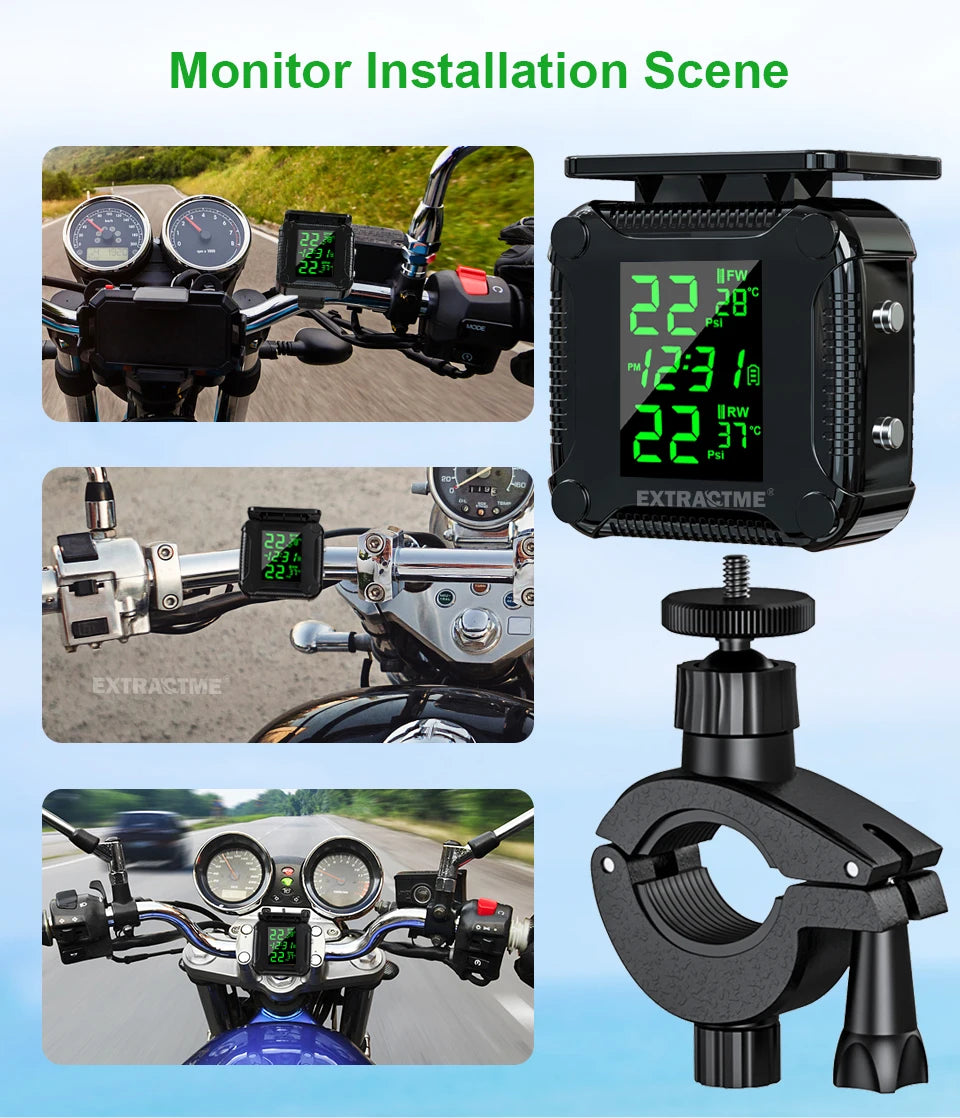 Extractme Tire Pressure Monitoring System Colorful Display Wireless TPMS Motorcycle Solar Charge Tyre Temperature Alarm Sensor