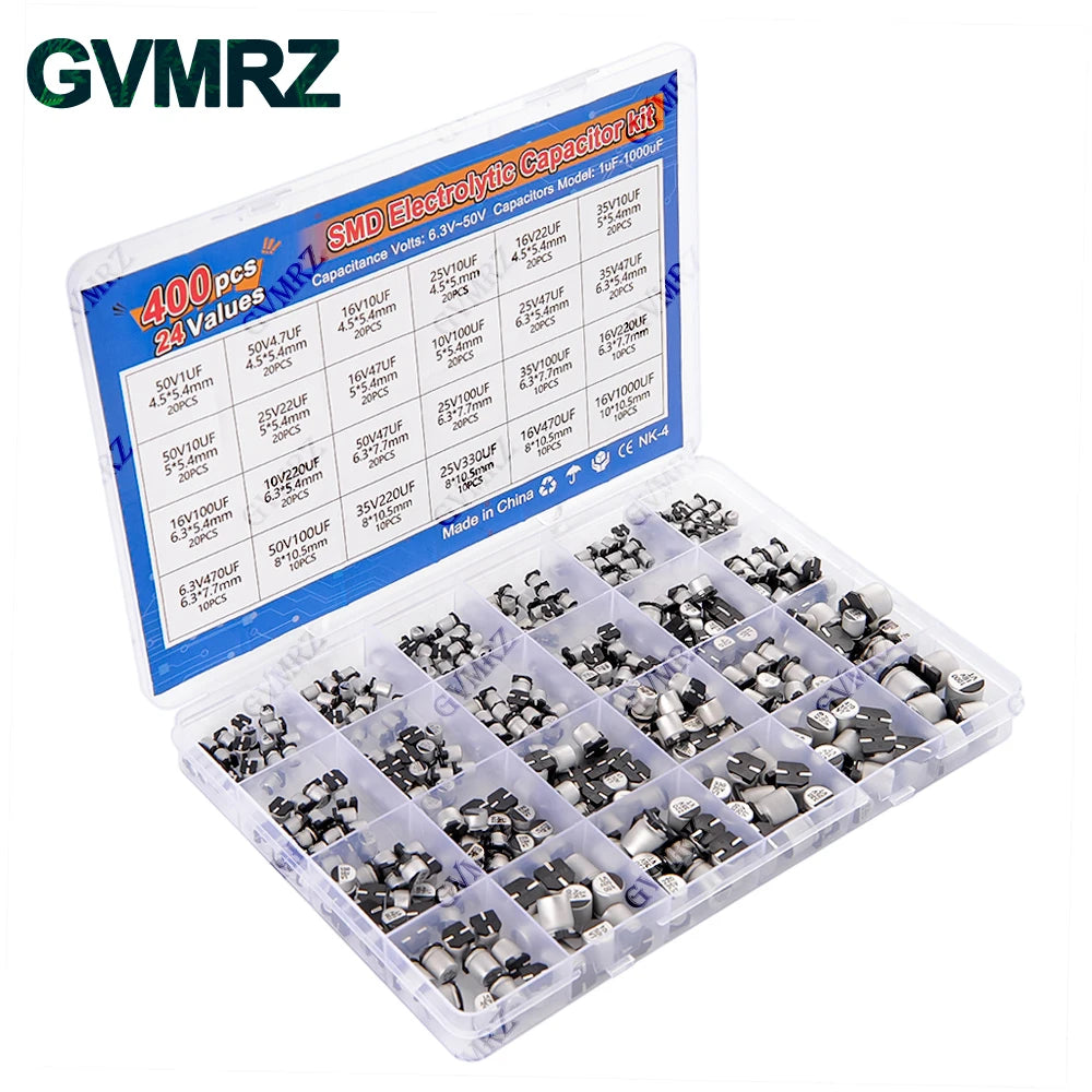 400PCS 24Values SMD Electrolytic Capacitor Kit 1uF-1000uF 6.3V-50V for Electronics Projects