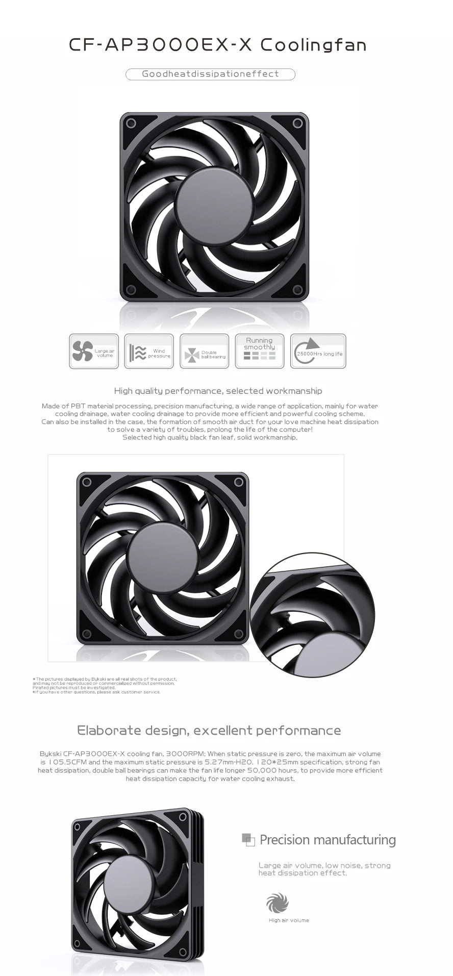 Bykski 120mm Fan Use for Water Cooling Radiator Computer PC Case 3008RPM Heatsink  Support PWM  CF-AP3000EX-X / CF-RBW3000EX-X