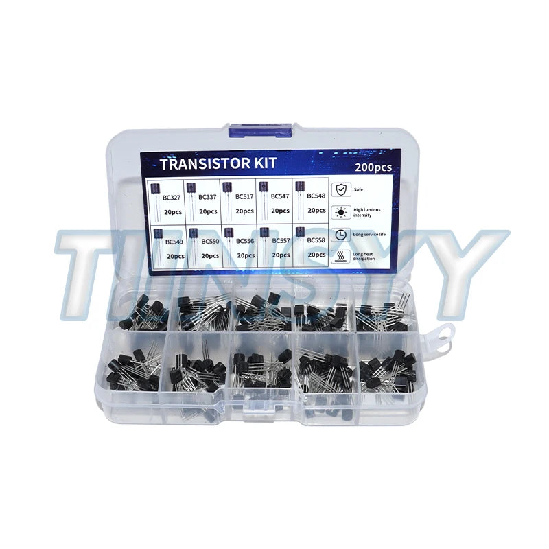 200pcs BJT Transistor Kit Bipolar Power Transistors A1015 BC327 BC337 C1815 S8050 S8850 2N2222 2N2907 2N3904 2N3906 PNP NPN