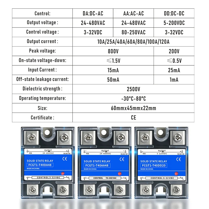 SSR Solid State Relay 10A 25A 40A 60A 80A 100A 120A Single Phase Control Relay DC TO AC DC TO DC AC TO AC