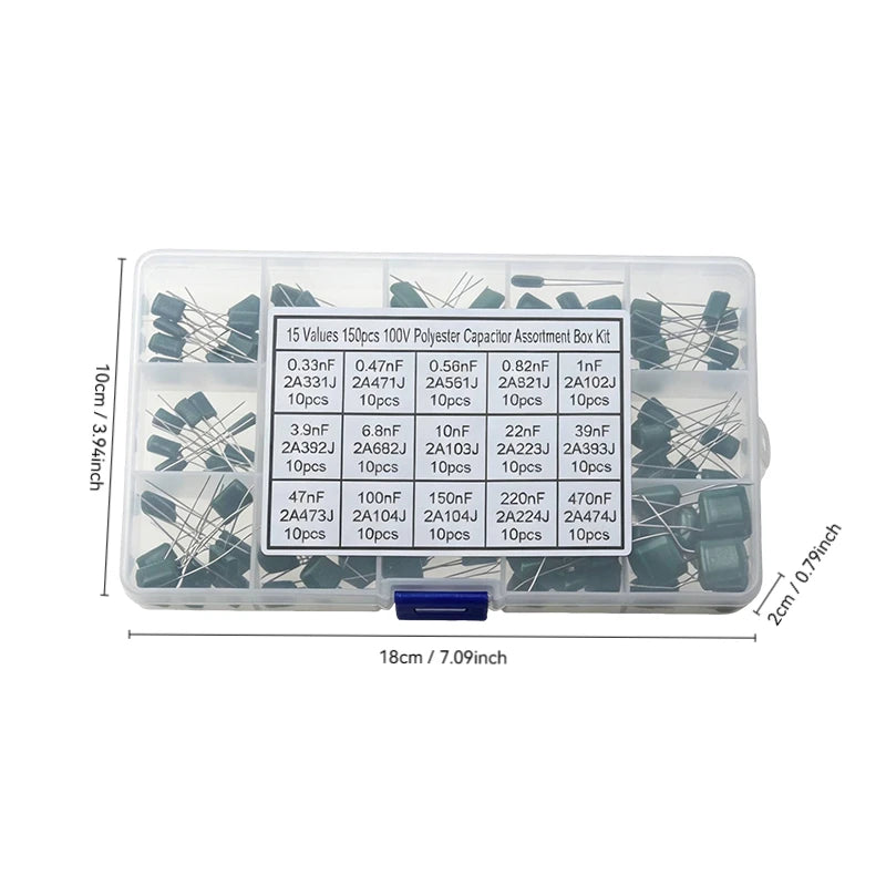 150Pcs 15 Values Polyester Film Capacitor Kit 2A331J 2A471J 2A102J 2A103J 2A223J 2A104J For DIY Soldering PCB Repair