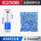 1000PCS Tubular Crimp Terminals Electrical Wire Cable Connectors E0508 E7508 E1008 E1508 E2508 E4009 E6012 Insulated Ferrules