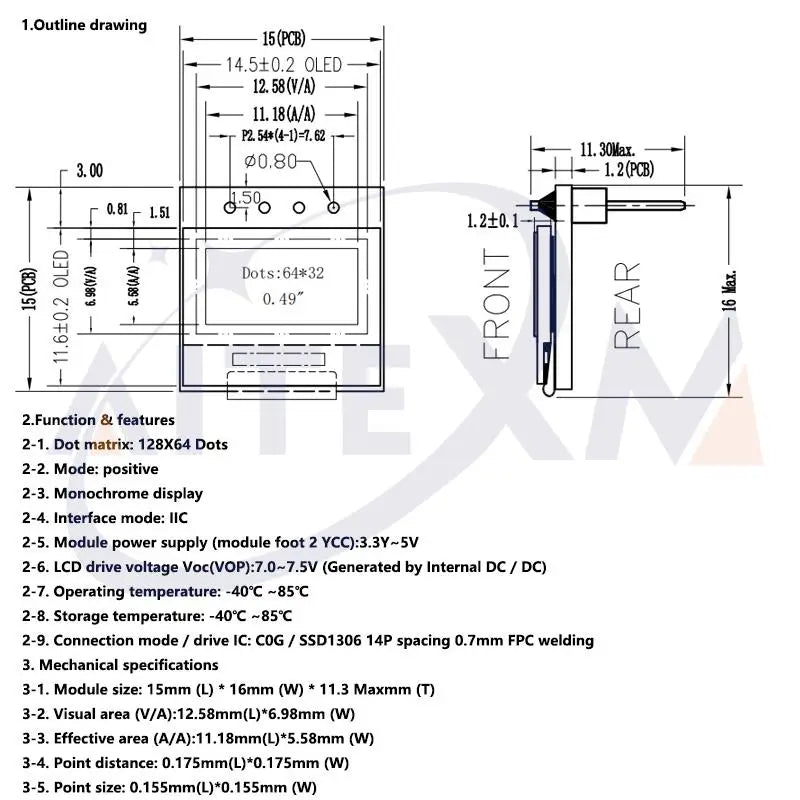 0.49 Inch OLED Display LCD Module White 0.49" Screen 64x32 I2C IIC Interface SSD1306 Driver for Arduino AVR STM32 YANXD