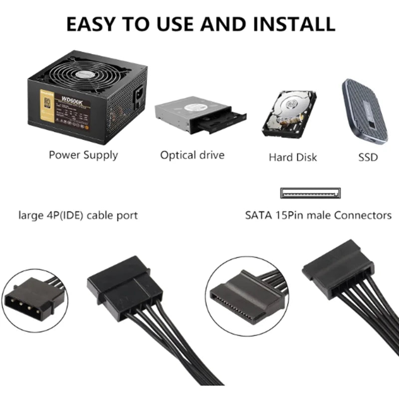 Molex 4 Pin Male to SATA Female Power Supply Cable,15 Pin SATA Power Splitter Converter Adapter Cable Hard Drive HDD SSD Cable