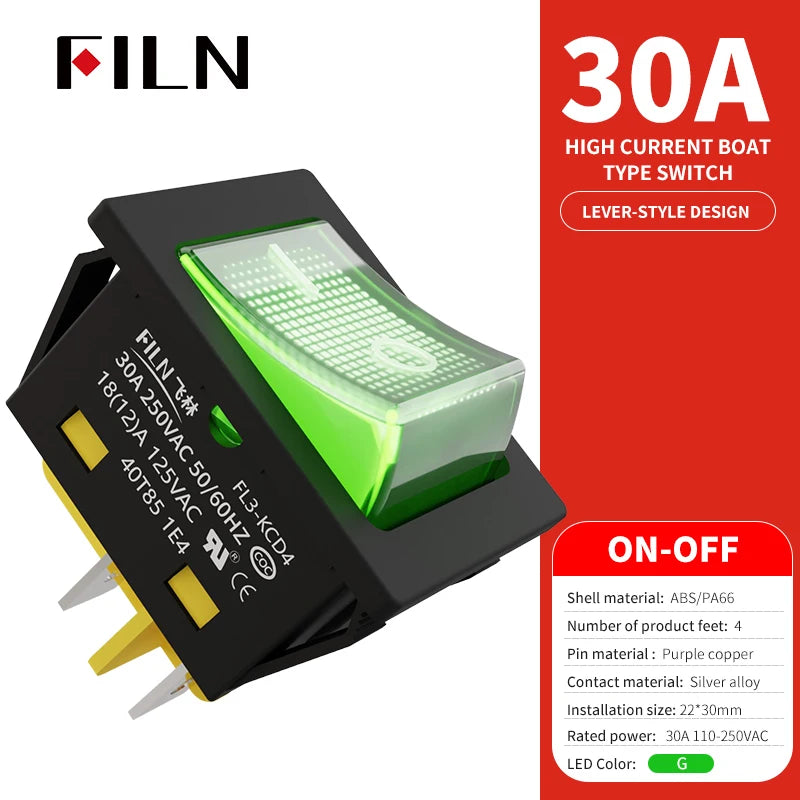 FILN 30A/220V Heavy Duty 4 Pin DPST IP67 Sealed Waterproof T85 Auto Boat Marine Toggle Rocker Switch with LED 12V 220V 30x22
