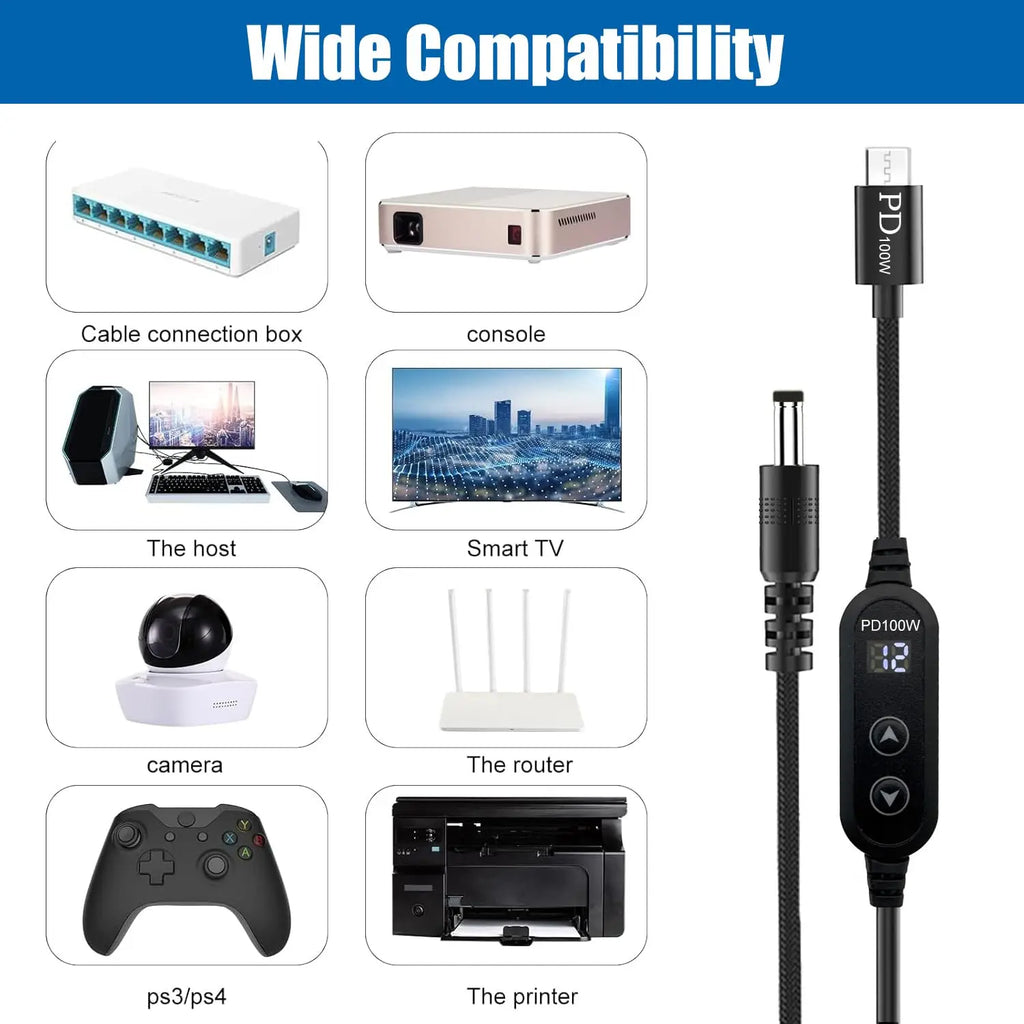 USB C to DC 5.5x2.1mm PD Trigger Cable 5V 9V 12V 15V 20V Adjustable Power Supply Adapter for Router Monitor LED