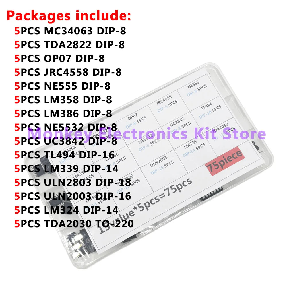 75PCS 15 Values Integrated Circuit DIP IC Kit LM358 , LM386 , TO-220 TDA2030 , NE555,NE5532 , LM339 , ULN2003 , ULN2803 , UC3842