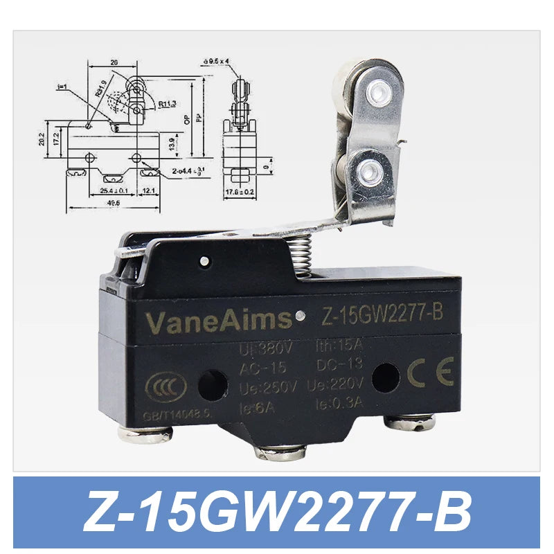 Z-15 Micro Limit switch Travel Switch Small Horizontal Roller Lever 15A 250V 1NO1NC Normally Open Normally Closed Travel Switch