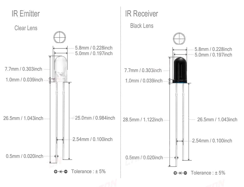 5mm IR LEDs Emitting Diode 850nm 940nm 2pin Infrared Emitter and IR Receiver Diode Phototransistor Photodiode Invisible DIY