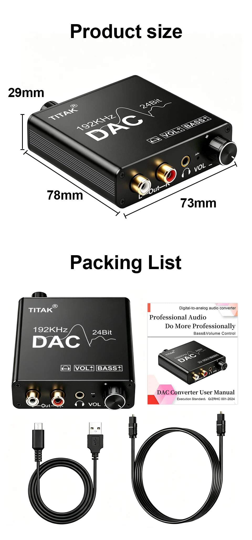 192KHz/24Bit DAC Digital to Analog Audio Converter Digital SPDIF Optical Toslink Coaxial to Analog Stereo L/R RCA and 3.5mm Jack