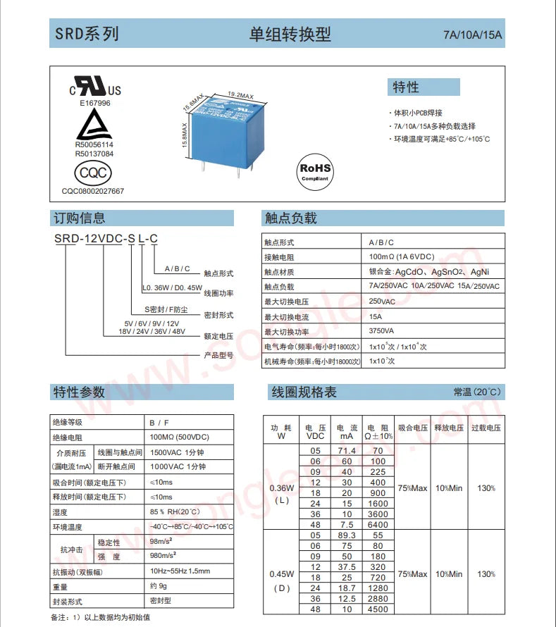 100PCS SRD-05VDC-SL-C SRD-12VDC-SL-C SRD-24VDC-SL-C SRD -03V 05V 06V 09V 12V 24V 48V DC Relays 10A 250VAC 5PIN T73 A box of 100
