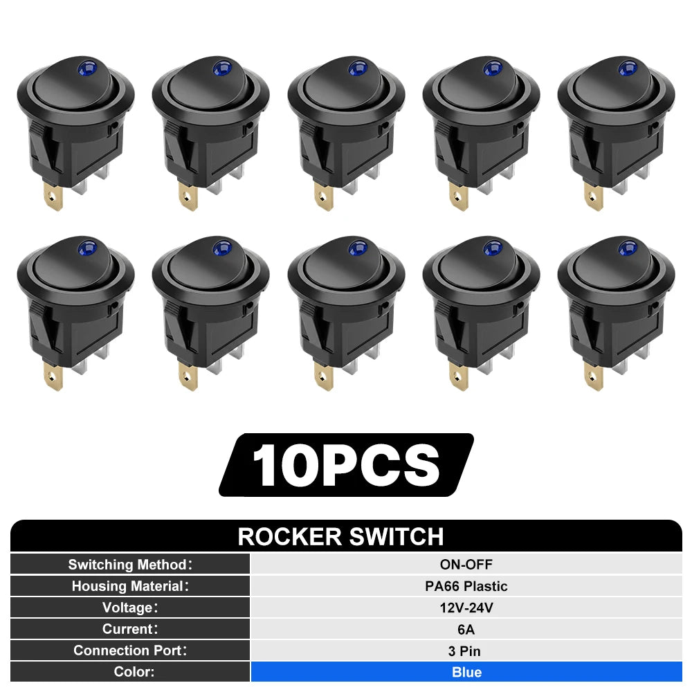 FILN 10Pcs 12V 24V 110V 220V Round Rocker Switch 3 Pin ON OFF LED Lighted Car Dash Boat Marine RV SPST Toggle Switch