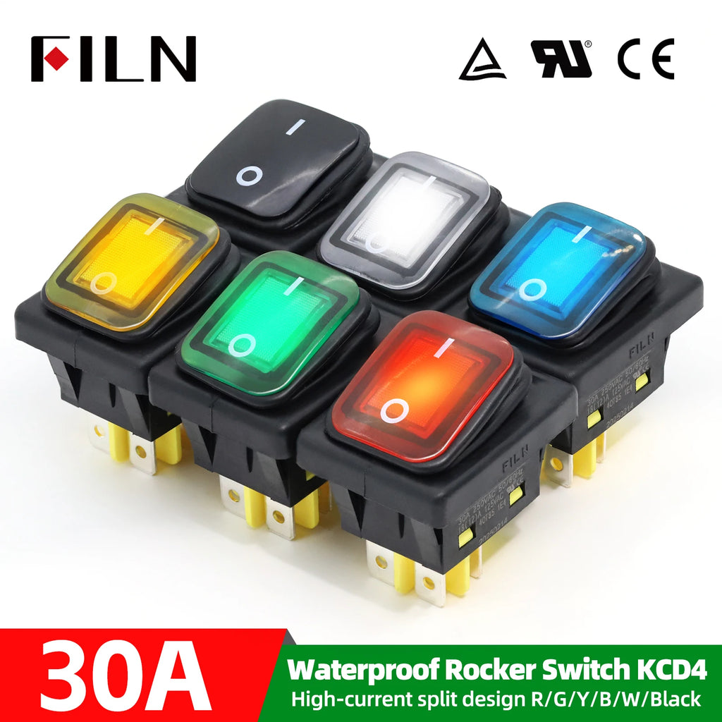 FILN 30A Heavy Duty Waterproof Rocker Switch 4 Pins IP67 12V 24V 110V 220V Ideal for Boat Marine Car Accessories Toggle Switches
