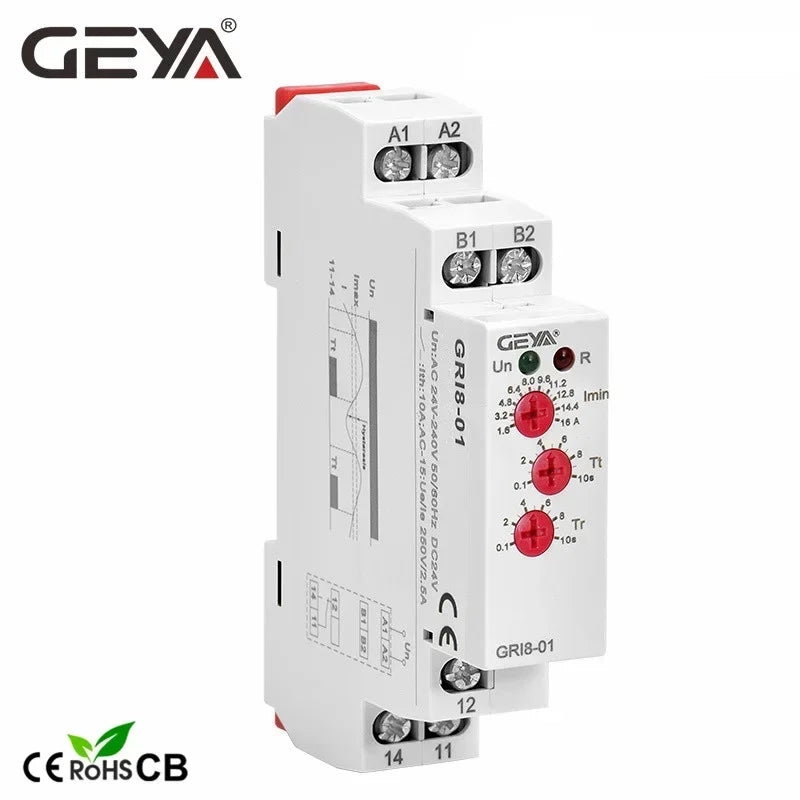 GEYA GRI8-01/02 Current Monitoring Relay 0.5A 1A 2A 5A 8A 16A ACDC24V-240V Overcurrent Undercurrent Protection Relay