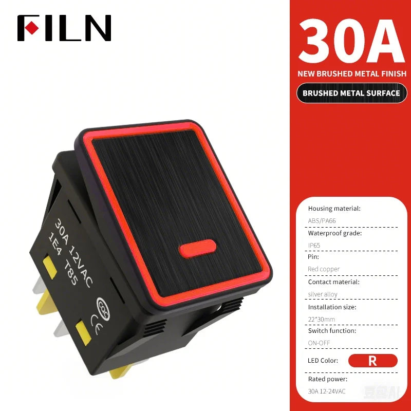 FILN 30A/220V Heavy Duty 4 Pin DPST IP67 Sealed Waterproof T85 Auto Boat Marine Toggle Rocker Switch with LED 12V 220V 30x22