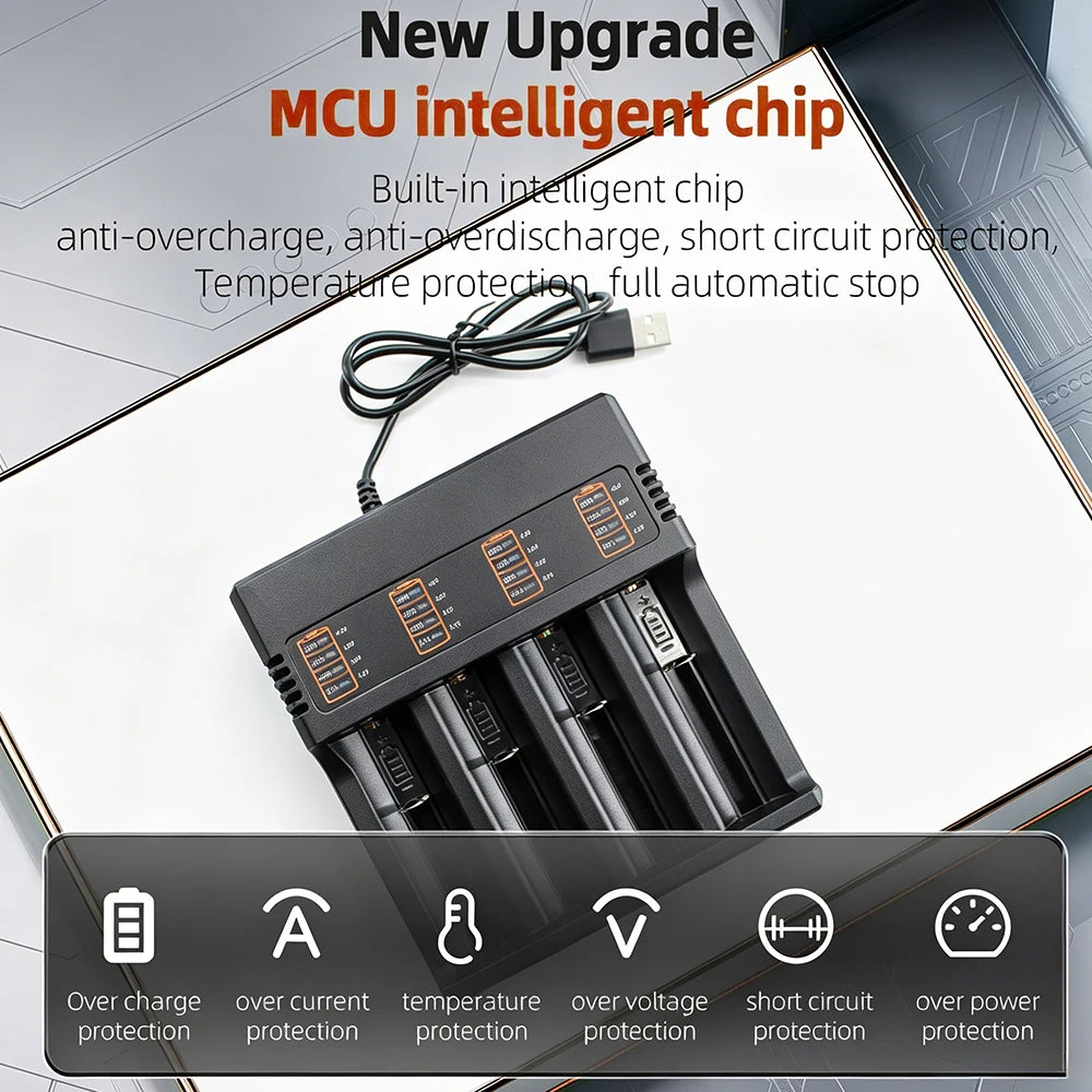 PHOMAX USB Charger 4 Slots Universal Smart Battery Charger Compatible with Multiple Sizes Including 18650 26650 18500 Batteries