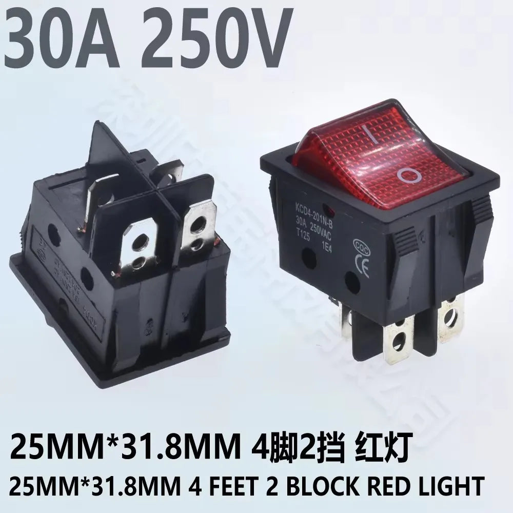 5pcs 30A 250V KCD2 KCD4 Rocker Switch DPST 4 Pin 6Pin Red Lighted 120V Rocker Toggle Switch ON Off Heavy Duty 22*29 High voltage