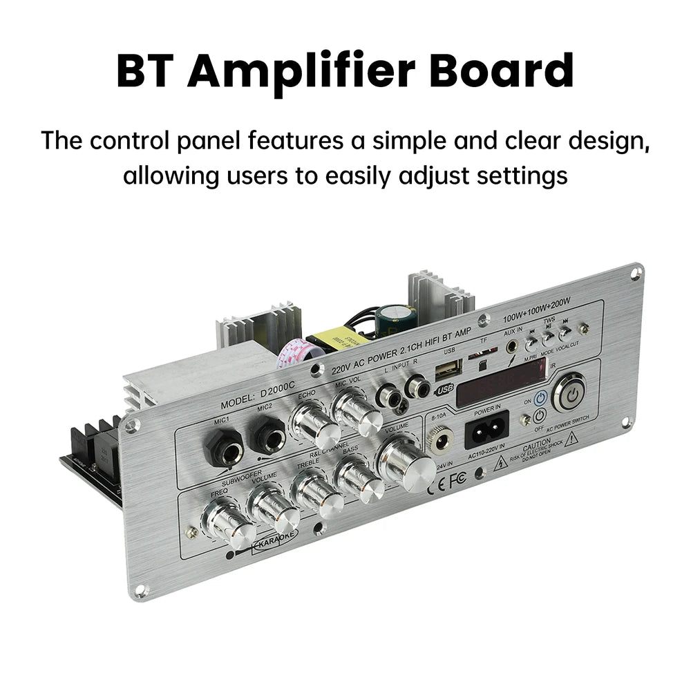 D2000 Bluetooth Amplifier Board 2.1-Channel TPA3221 Power Amplifier 100W+100W+200W with AUX FM USB TF Card TWS DC 24V/AC110-220V