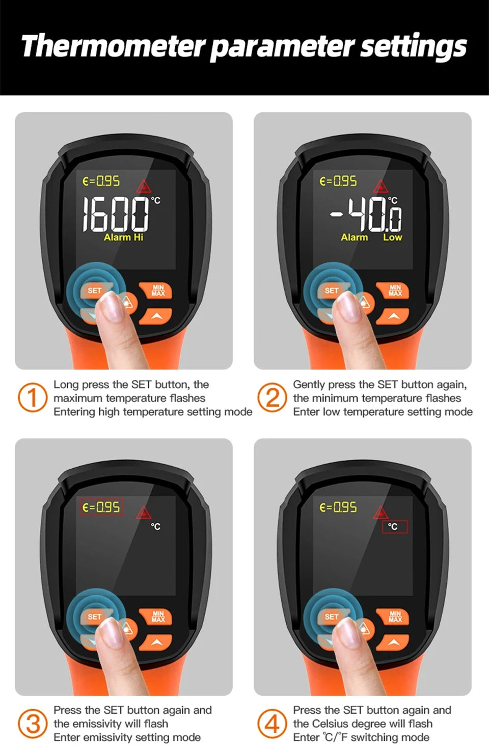 Non-contact Infrared Thermometer -40°C~1600°C High Temperature Meter with K-type Probe Laser Pyrometer Adjust Emissivity