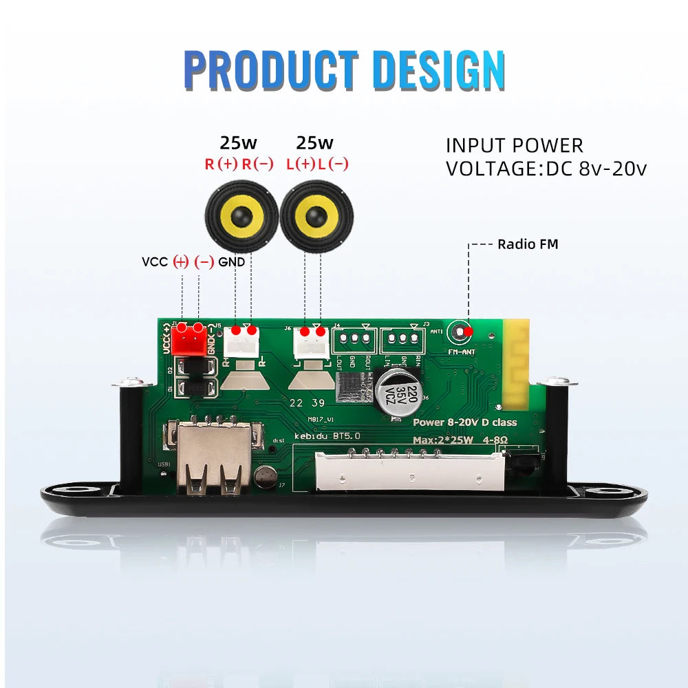 50W Amplifier MP3 Decoder Board DC 6V 18V Bluetooth 5.0 Car MP3 Player USB Recording Module FM AUX Radio For Speaker Handsfree