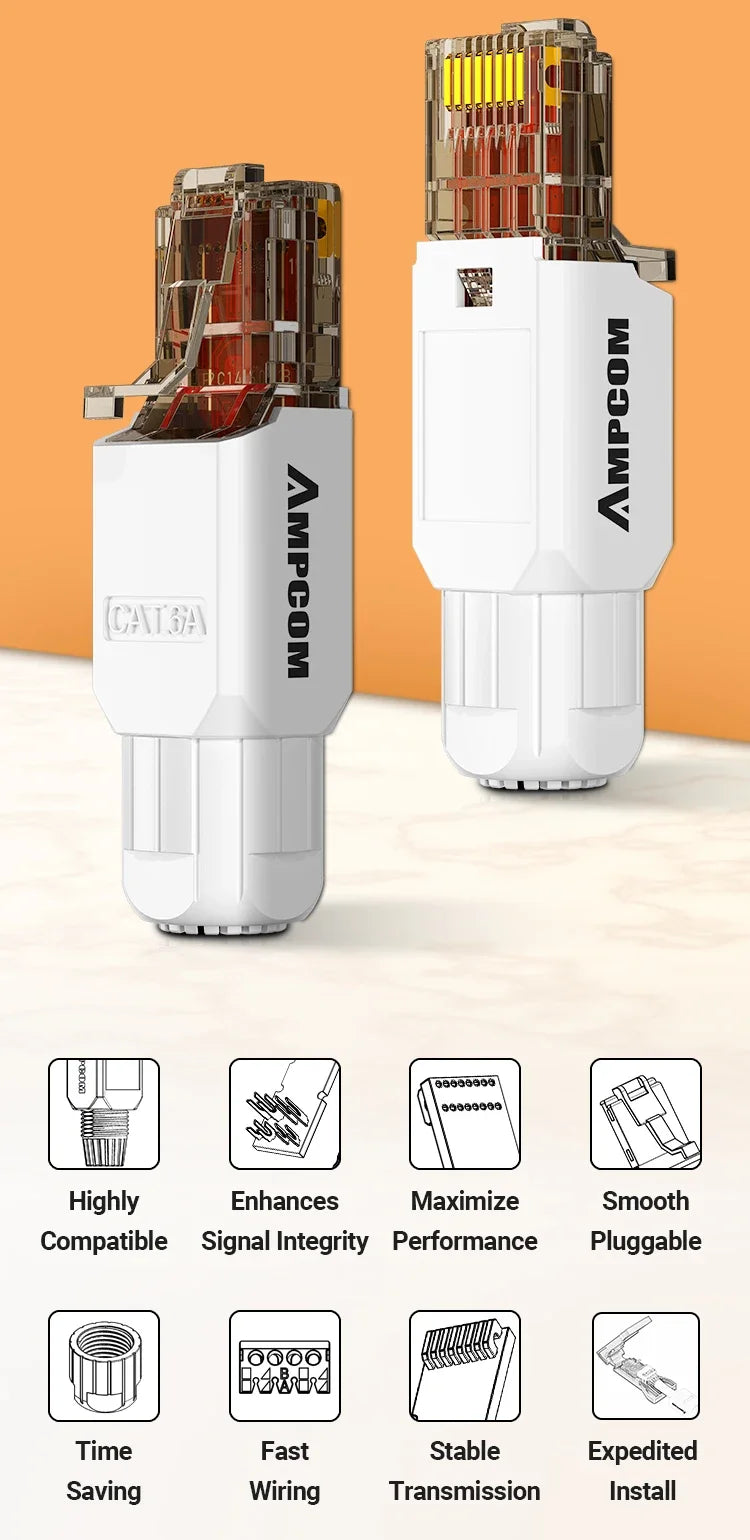 AMPCOM Tool Free RJ45 Connector, No Crimp Tool Less UTP 1000Mbps CAT6/CAT6A Modular PLug for Stranded Solid Lan Ethernet Cable