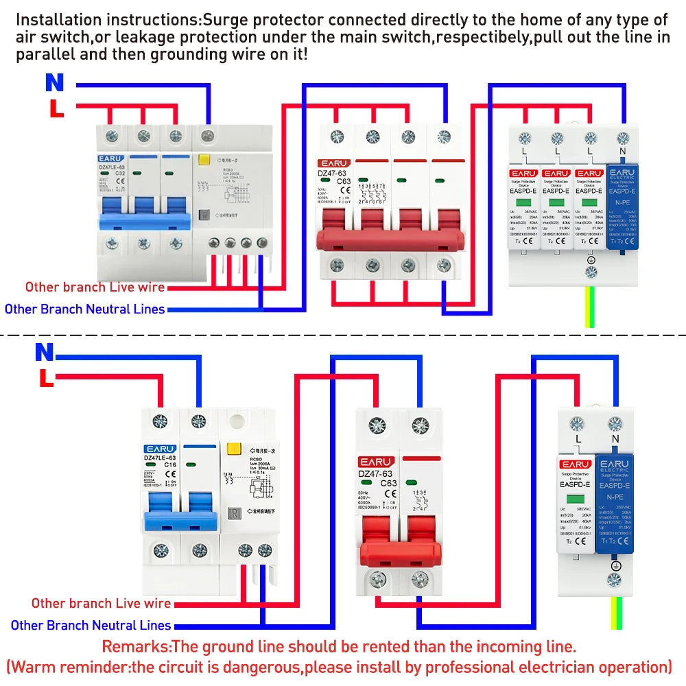 EARU AC SPD 1P/3P+NPE 50KA T1 T2 385V 275V House Lightning Surge Protector Protective Solar Low-Voltage Arrester Device Din Rail