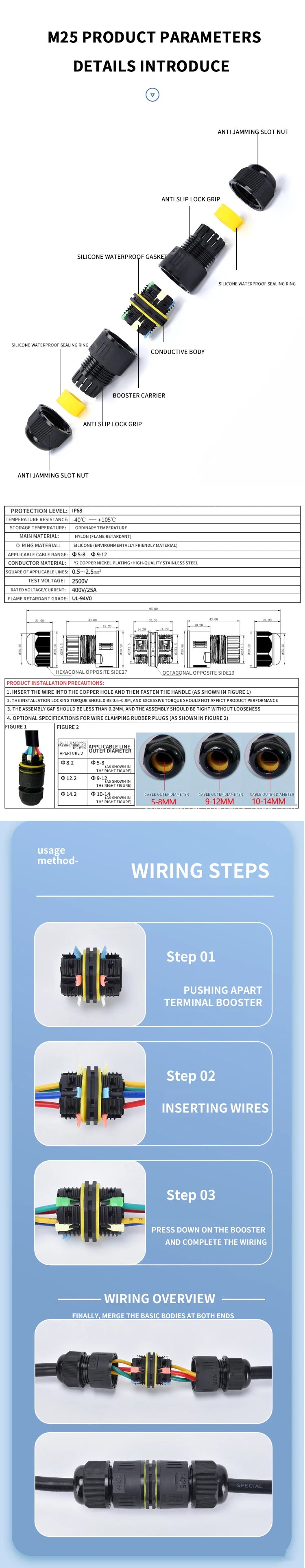 IP68 M16 M20 M25 Male Female Docking Connector Waterproof 2/3/4/5 Pin Terminal Electrical Wire  Cable Connector For Outdoor