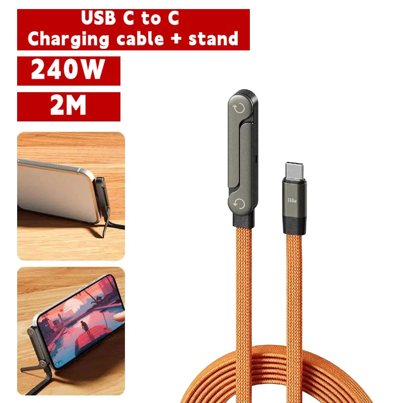 240W 2 in 1 USB C to USB C Fast Charging Foldable Bracket Data Cable Type C Desktop Holder Charging Wire For Iphone17 16 Samsung