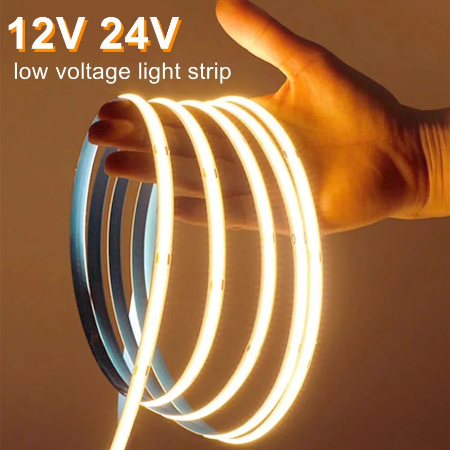 5M 10M Per Roll COB LED Strip DC12V 24V 8mm LED Lights for Room Bedroom TV Decor High Density Soft Flexible Neon Tape Light Lamp