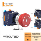 LANBOO 22MM SA1 Series Quick Plug with LED25A High Current Plastic Mushroom Button Emergency Stop Switch 1NO1NC 2NC
