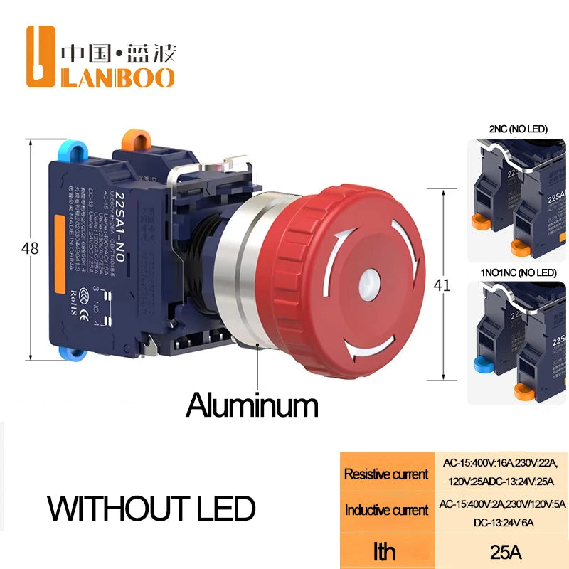 LANBOO 22MM SA1 Series Quick Plug with LED25A High Current Plastic Mushroom Button Emergency Stop Switch 1NO1NC 2NC
